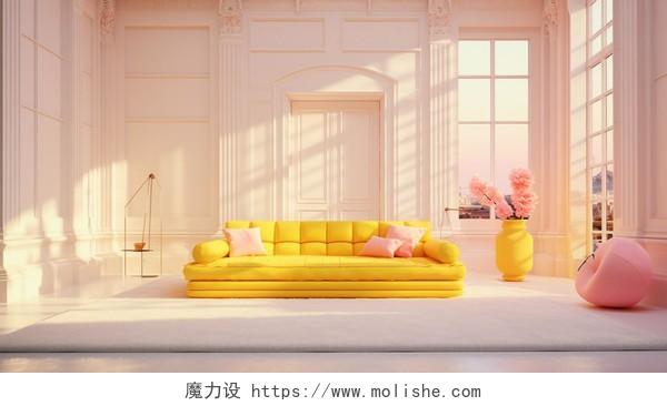一间粉色房间里有黄色沙发家居家装